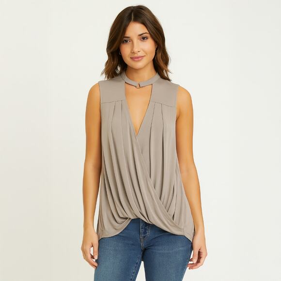 A428 • Taupe Sleeveless Draped Blouse with Keyhole Neck - Picture 1 of 4